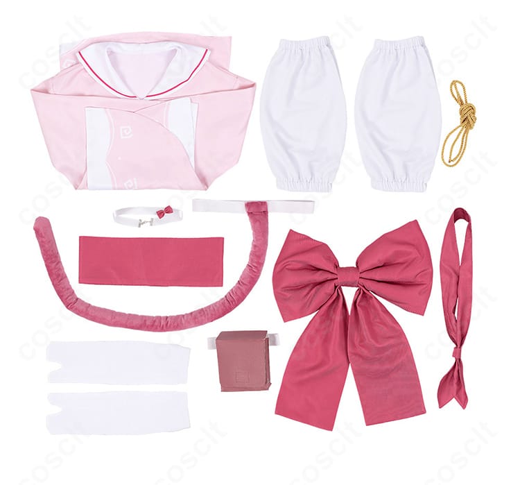 セット内容一覧画像。着物、帯、背部蝶結び、尻尾、チョーカー、靴下、レッグカバー、スカーフ、紐飾りを並べて表示。