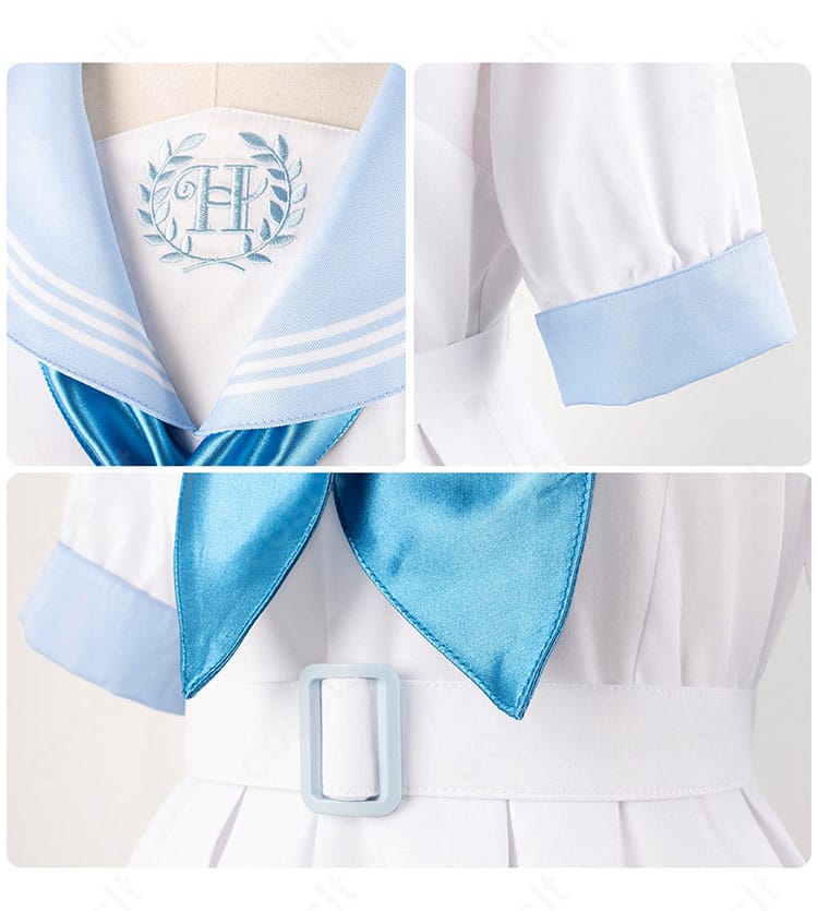 リボン・衣領・袖装飾のクローズアップ。刺繍とステッチの仕上げ、配色のコントラストが分かる画像。