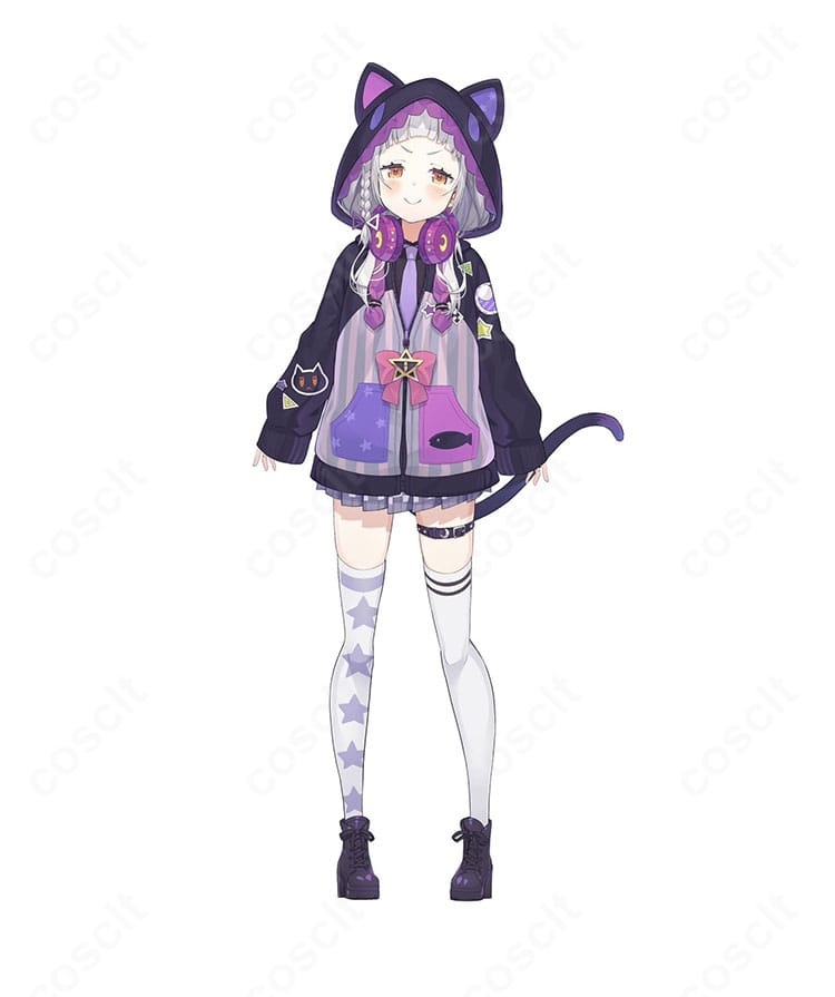 紫咲シオン 新衣装のフルセット正面カット。コートと小物を含む高再現仕様のコスプレ衣装
