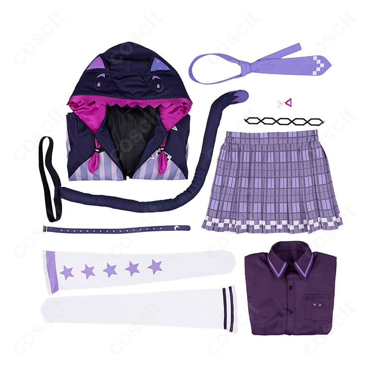 セット内容一式のレイアウト。コート・シャツ・スカート・ネクタイ・小物を一覧で提示