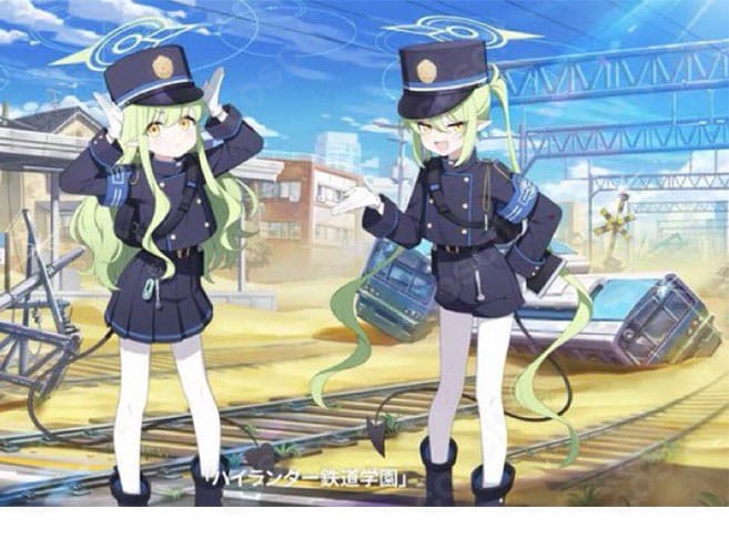 ブルーアーカイブ 橘ノゾミ・橘ヒカリの制服コスプレ参考キャラクター画像。ハイランダー鉄道学園の特徴的な制服デザインが分かるイメージ。