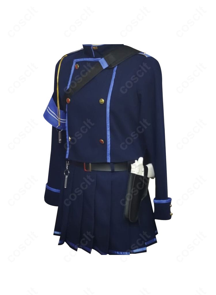 ブルアカ 橘ヒカリ・橘ノゾミ 制服コスの側面ディテール。スカート/ショートパンツのシルエットとトップスのパイピングを確認。