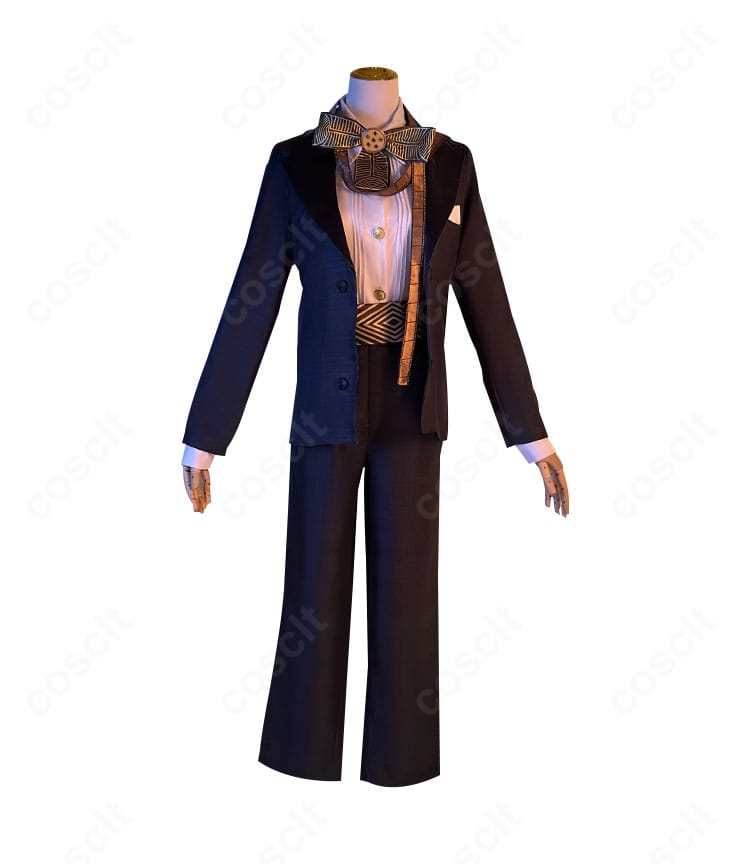 第五人格 囚人コスプレ衣装の正面全体。コートとリボンの配置、シルエットが分かるスタイリング。