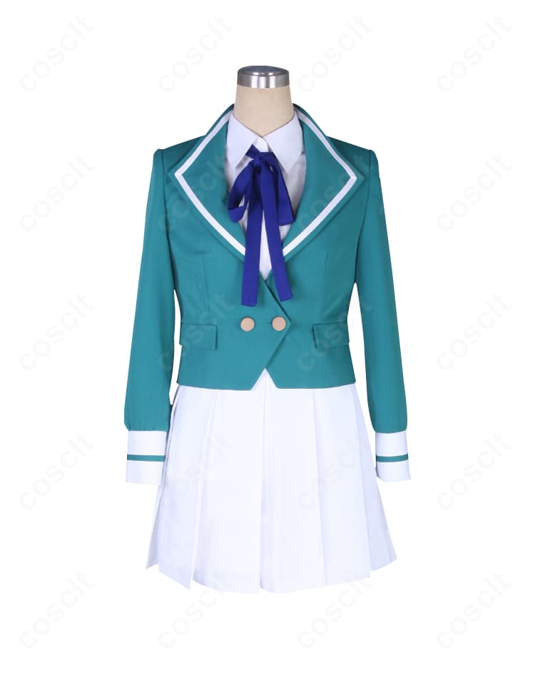 ゾンビランドサガ 星川リリィ 制服コスプレの正面全身。コート・シャツ・スカート・リボンのシルエットが高再現で分かる商品画像。