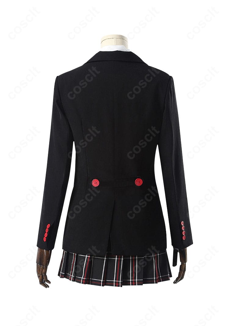 芳澤かすみ 制服コスプレの背面。ブレザーのラインとスカートのプリーツを丁寧に再現。