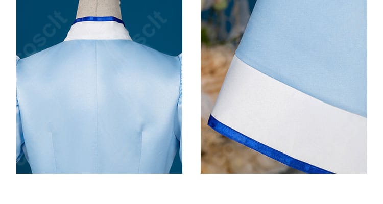 背面とスカートのディテール。流れるようなフレアと段フリルの重なりを強調。