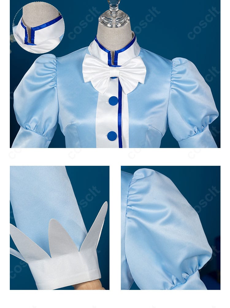 レイン衣装の襟元と肩・袖の装飾。繊細な縁取りとアクセントカラーのコントラスト。