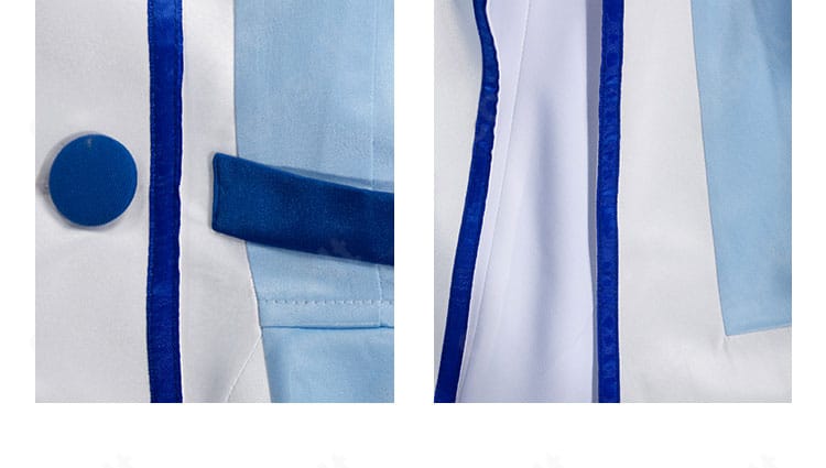 前身頃のボタンとストライプ装飾。細部まで作り込まれた意匠で再現度を高める。