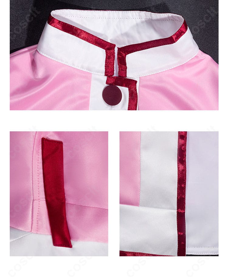 ファイン衣装の襟元ストライプ装飾。特徴的な配色とステッチワークを強調。