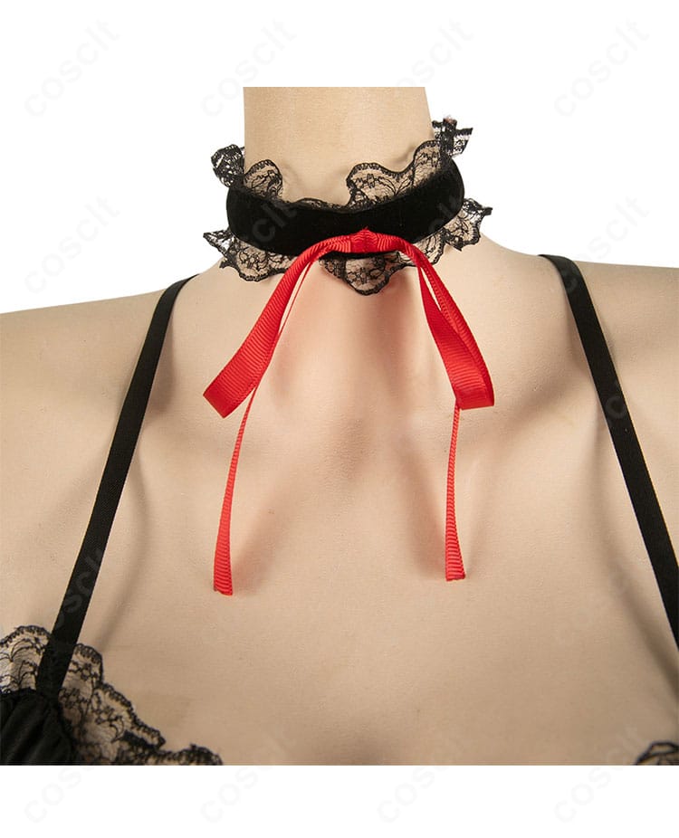 時崎狂三 コスプレのリボン結び装飾アップ。繊細なレースとサテンの質感が際立つ近接画像。