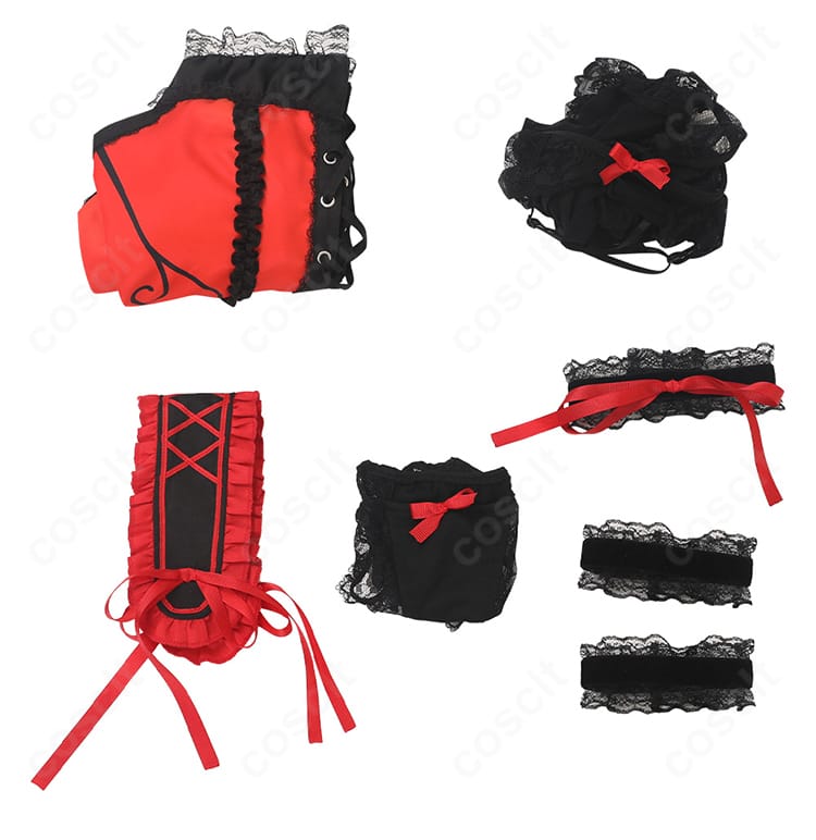 時崎狂三 ランジェリーVer コスプレのセット内容一覧。トップス、ショートパンツ、ガーターベルト、靴下、髪飾り、首飾り、腕飾り。