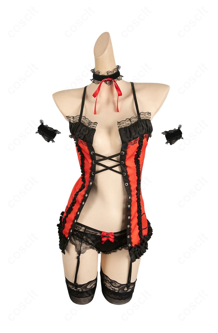 デート・ア・ライブ 時崎狂三 ランジェリーVerの正面全身。高発色の黒×赤とレース装飾が映えるデザイン。