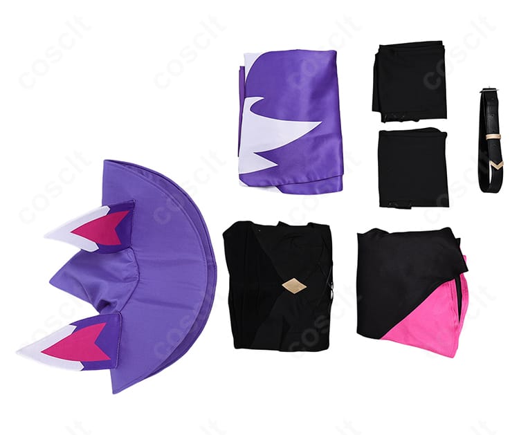 パルワールド クレメーオ コスプレ衣装のセット一覧。帽子・ワンピース・トップス・ショール・タイツ・ベルトが並ぶ