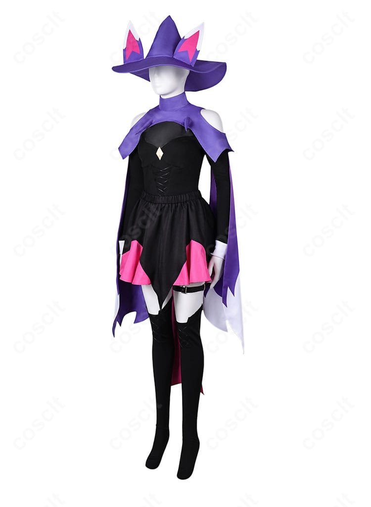 クレメーオ コスプレ衣装の側面。ワンピースのラインとショールの落ち感、ベルト位置のシルエットが分かる角度