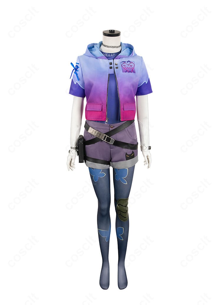 VALORANT クローヴのコスプレ衣装 正面全体。高コントラスト配色とタクティカルなシルエットを忠実に再現。