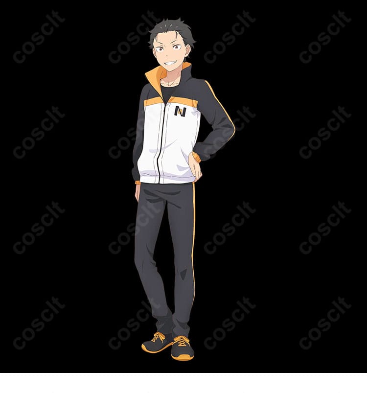 ナツキ・スバルの通常ジャージ衣装をCOSCLTが高精度再現したイメージ。リゼロ公式デザインに準じた配色とラインが特徴です。