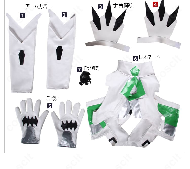 セット内容一覧。レオタード、アームカバー、手首飾り、手袋、飾り物の同梱アイテムを並べた画像。