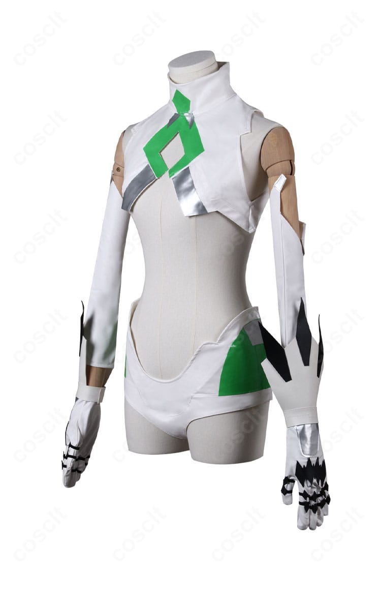 側面から見たベール（グリーンハート）衣装。レオタードのフィット感とアームカバーのラインが分かる角度。