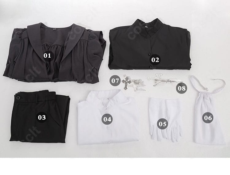 セット内容一覧画像。コート、インナー、ズボン、シャツ、手袋、スカーフ、ネックレス、メガネが揃ったフルセット。