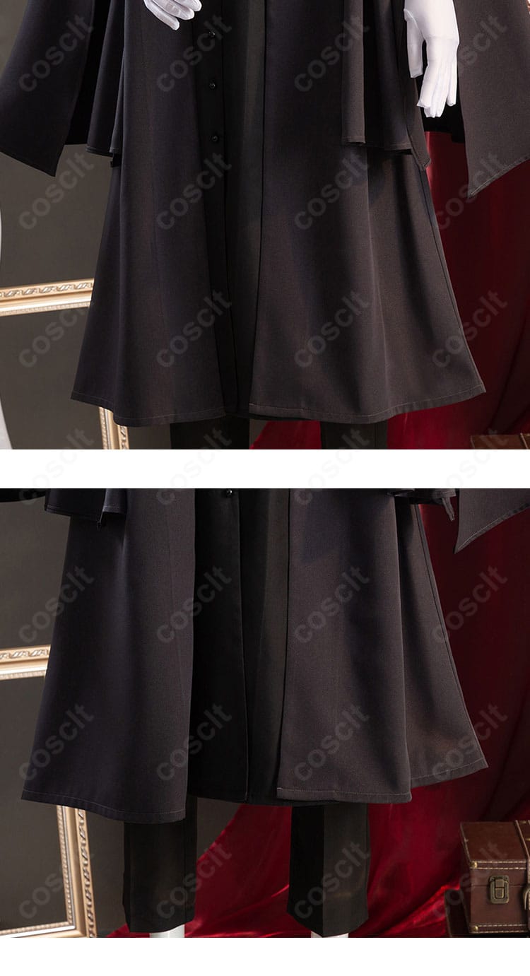 コート裾装飾の詳細。縫製ラインと装飾のコントラストで立体感を演出。