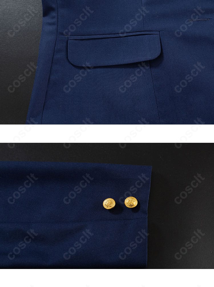 ブレザーのポケットと袖口ボタンのクローズアップ（補強ステッチ）