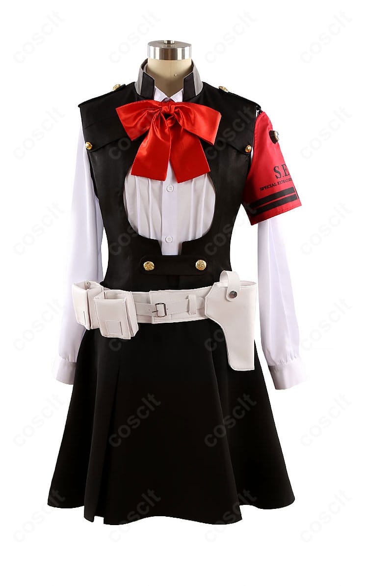 ペルソナ3 リロード版 桐条美鶴コスプレの正面図。ベスト＋マント、赤スカーフ、腕章を高品質で再現。