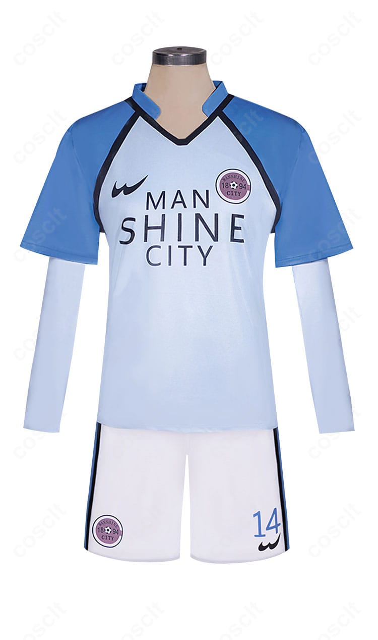 ブルーロック イングランド組サッカーウェアの正面全体像。トップスとショートパンツの配色とライン配置が分かる画像