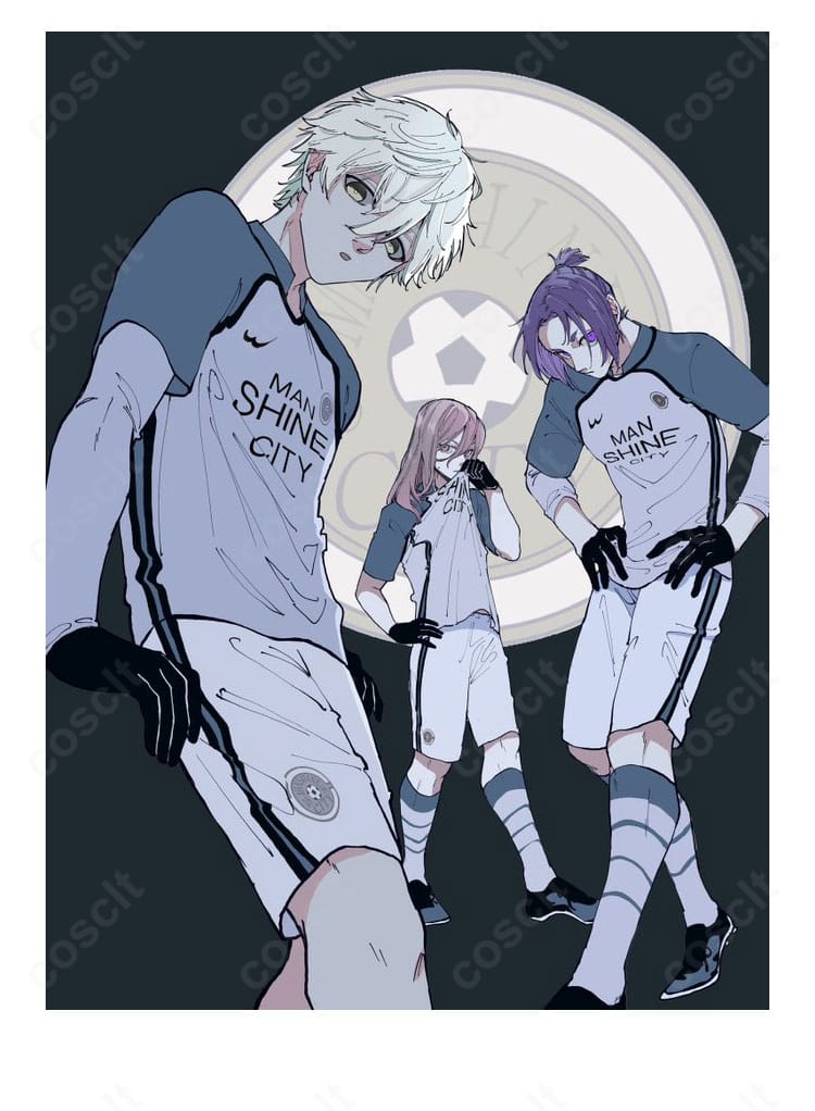 御影玲王・凪誠士郎・千切豹馬のイングランド組コスプレ衣装を着用した全身キャラクター風スタイリング画像