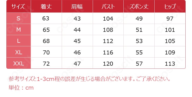 ブルーロック イングランド組コスプレ衣装のサイズ表。S〜XXLまでの寸法情報を一覧表示した画像