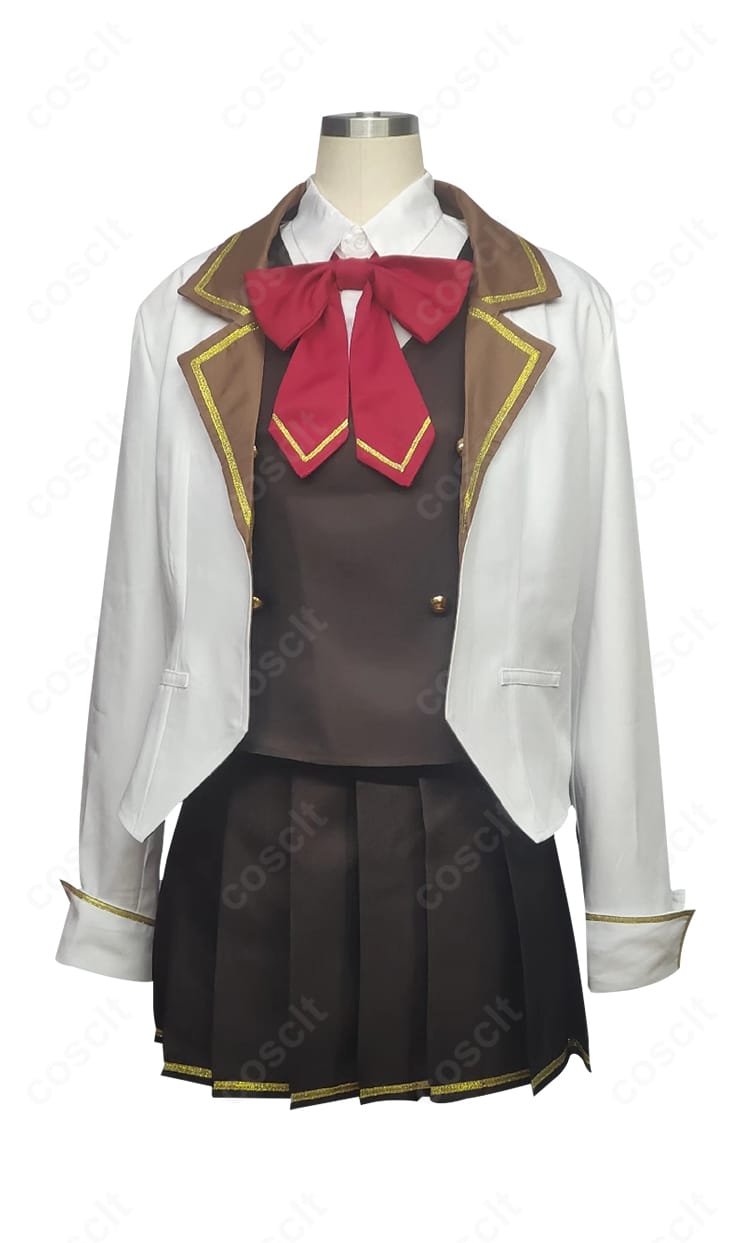 アリサ・ミハイロヴナ・九条 学園制服コスプレの正面。コート・ベスト・シャツ・スカーフの高品質な再現