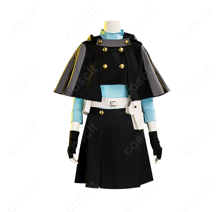 山岸風花 新戦闘服コスプレの正面アップ。マント一体のトップスと腕章、胸元の意匠を忠実に再現。