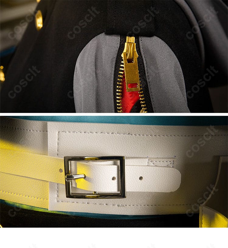 ベルトと肩袖装飾の全体バランス。複数パーツの重なりがコーデ全体を引き立てる。