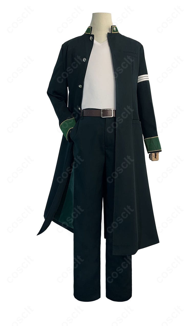 WIND BREAKER 梅宮一 コスプレ衣装の正面全体。ロングコート、Tシャツ、ズボン、ベルトのバランスが分かる画像。