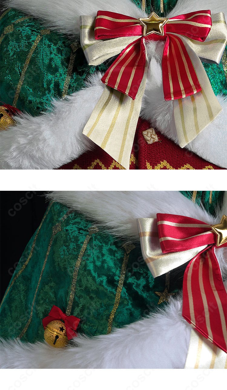 胸元の蝶結び装飾にフォーカス。結び目の大きさとバランス、配色がわかるアップ