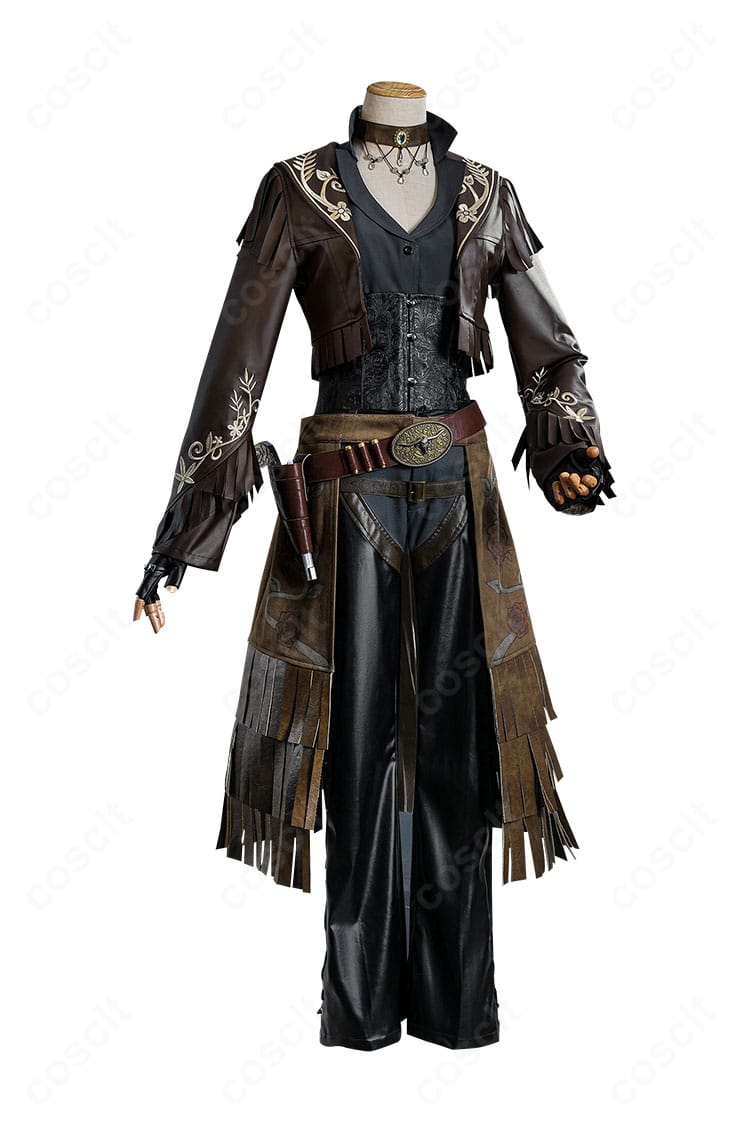 第五人格 バーメイド ブラックローズのサイドビュー。シルエットのハリとベルト位置、ガンホルスターのバランスを確認可能。