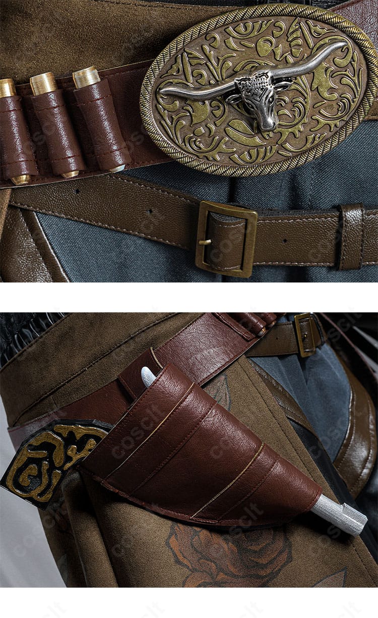 腰帯・ガンホルスターの固定ディテール。ベルト穴と金具の構造を確認できる近接写真。