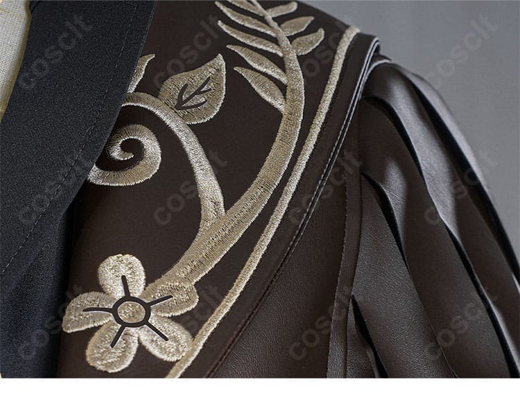 バーメイド衣装の肩・袖装飾。エッジの効いたトリムと立体的な意匠の近接ディテール。