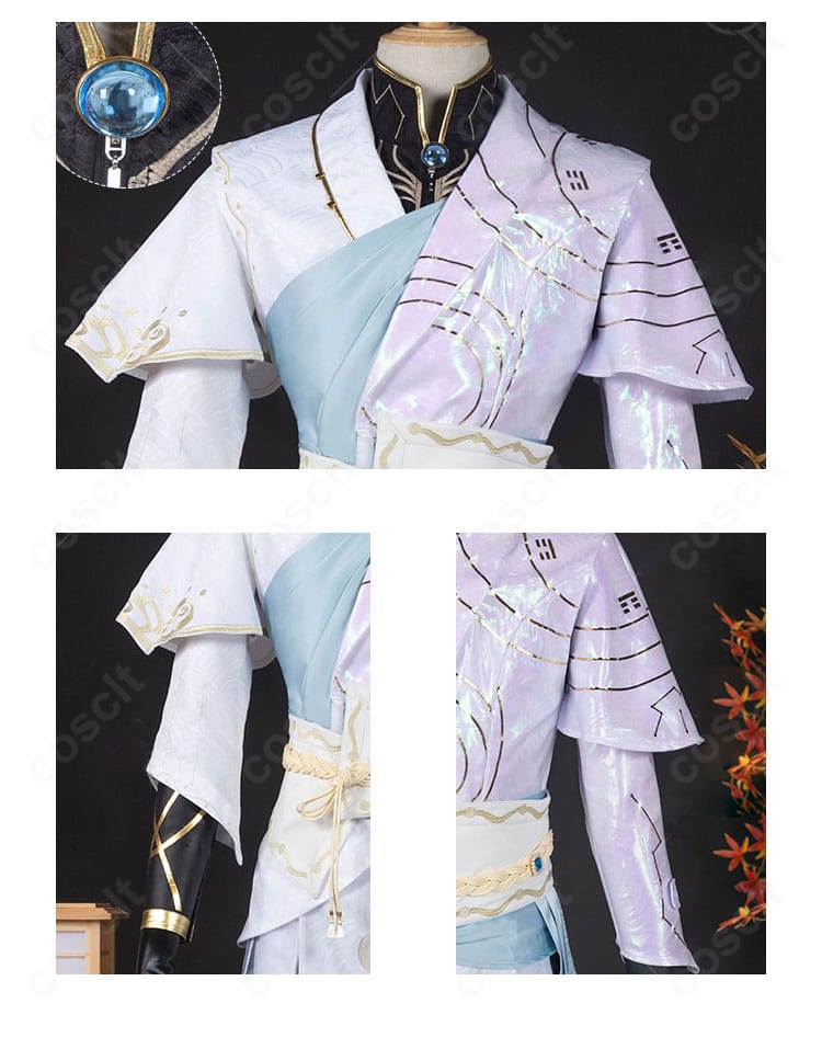 上衣アクセサリーのクローズアップ。胸飾りと刺繍の精緻さ、金属調パーツの質感が伝わる。