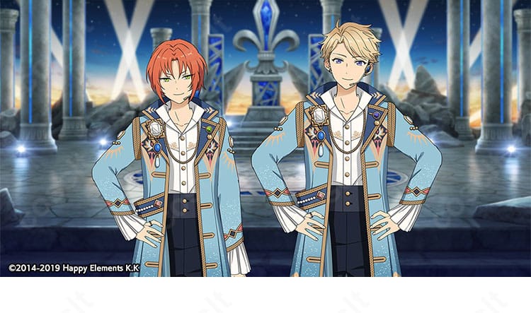 朱桜司・月永レオ・鳴上嵐・瀬名泉・朔間凛月のギャンビット衣装イメージ。王冠モチーフが映えるKnightsの宮廷風コスプレ一式。