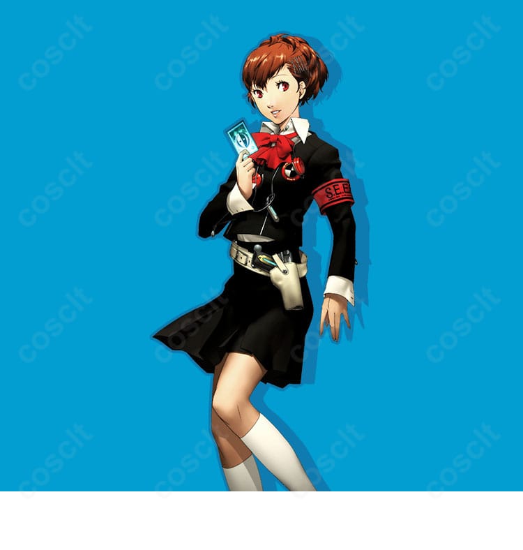 汐見琴音(ハム子)の月光館学園制服コスプレを着用した全身イメージ。ブレザーと赤いスカーフのコントラストが映える。