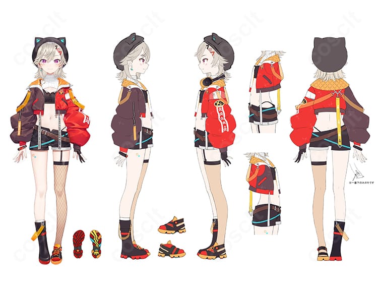 小森めとのストリート系コスプレ衣装全身。帽子とヘッドホン、飾り物まで揃い、高再現のシルエットが映えるオーダーメイド仕様（COSCLT）。