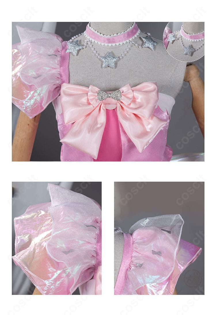 胸元と肩まわりの装飾クローズアップ。レースとリボンの重ね構成を詳細に撮影。