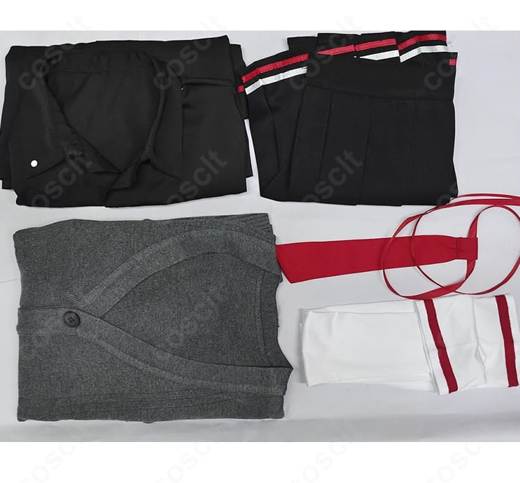 旗見エリカ コスプレ衣装セット内容。シャツ、スカート、ネクタイ、カーディガン、靴下のフルセット。