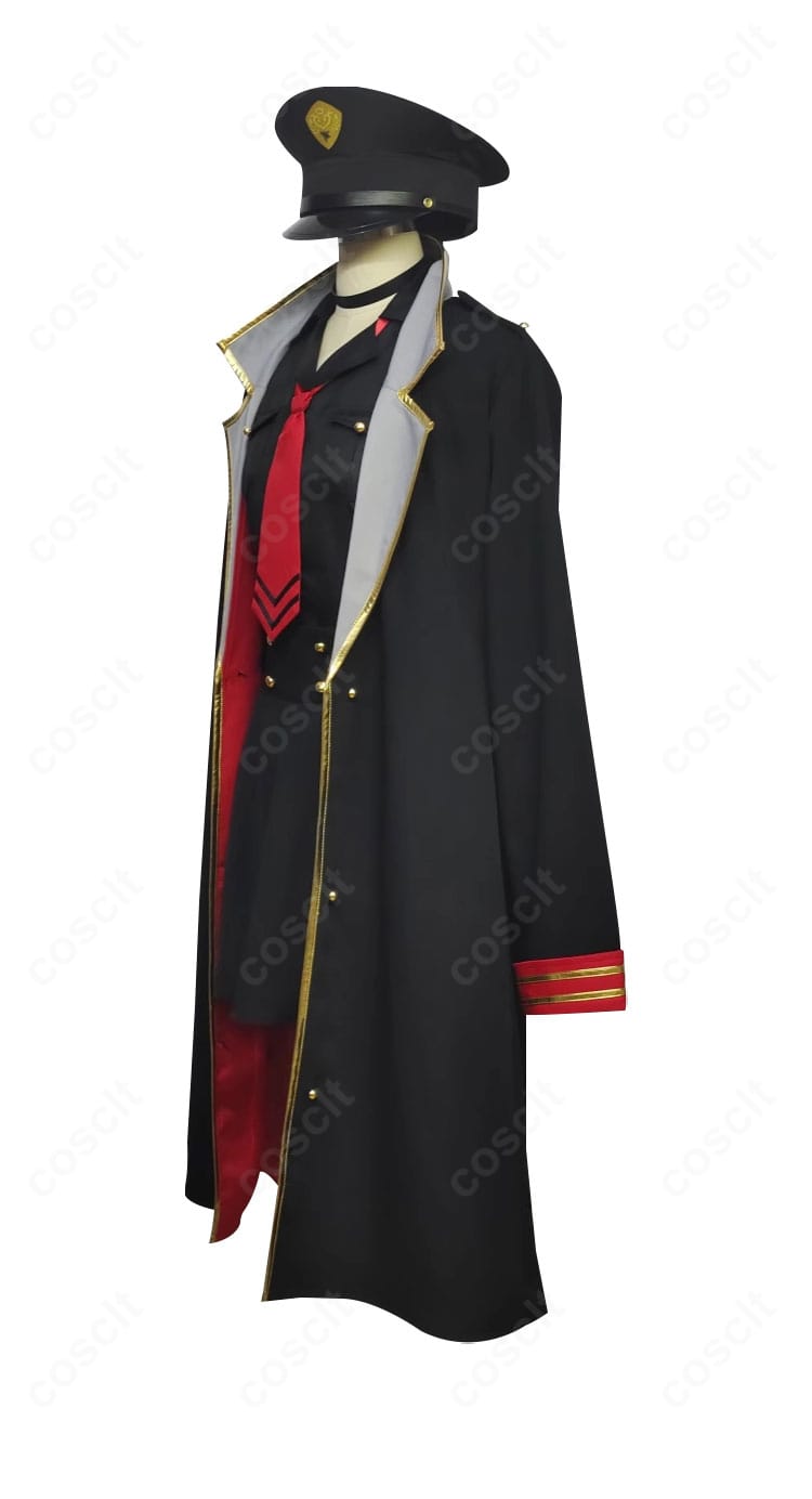 元宮チアキ コスプレ衣装の左側ディテール。シャツの襟元、ネクタイ、スカートのプリーツなど細部が鮮明なクローズアップ。