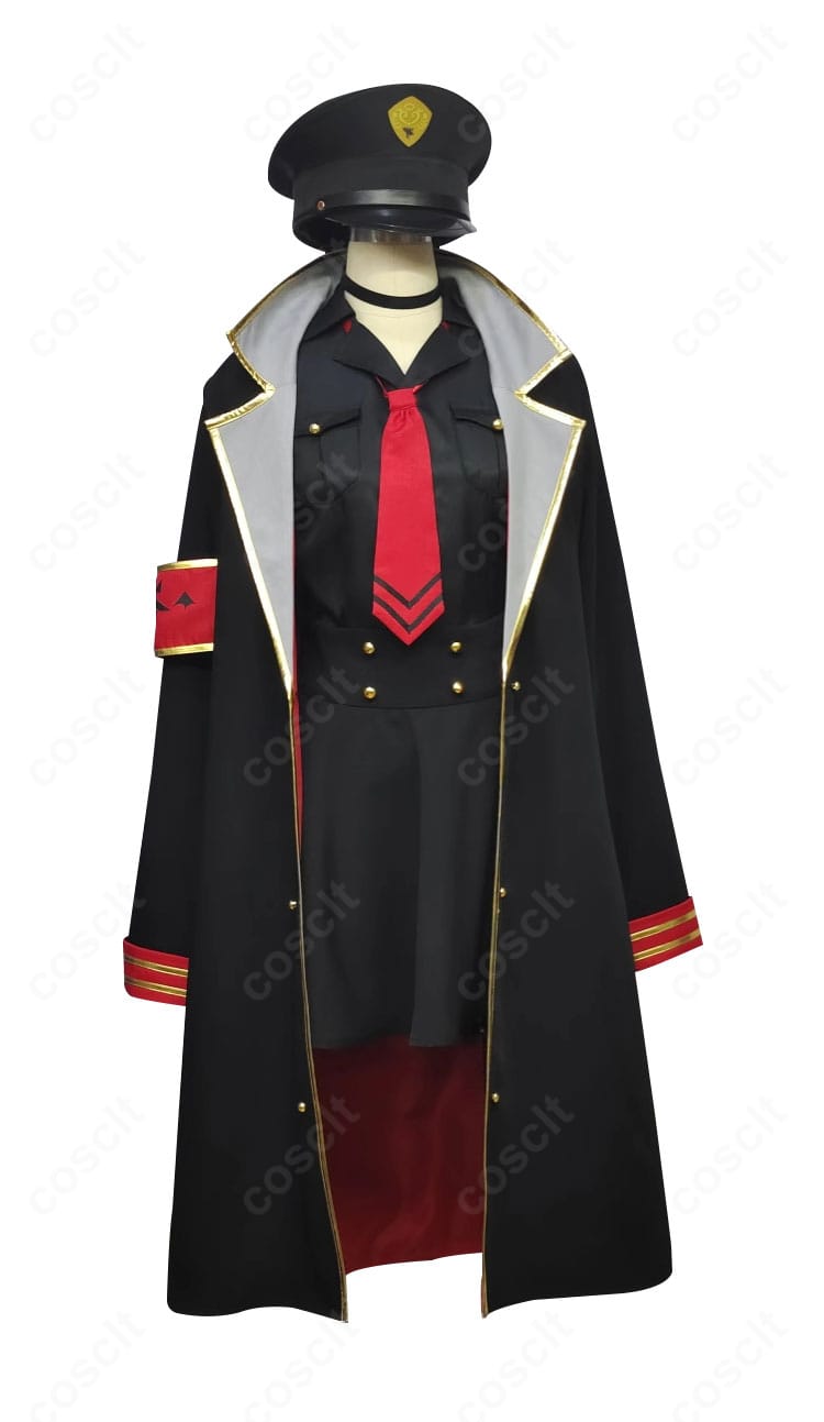 元宮チアキ コスプレ衣装の正面全身。ゲヘナ学園風コートとネクタイ、スカートの配色やシルエットが分かる画像。
