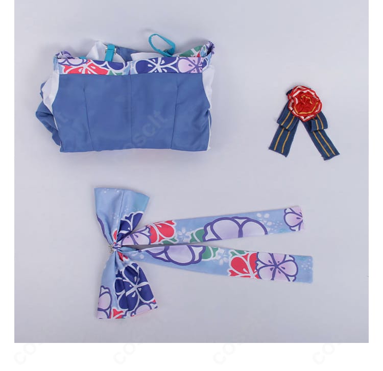 サラ・ダ・オディン コスプレ衣装のセット内容。ワンピース・腰蝶結び・髪飾りの3点を並べた構成写真。