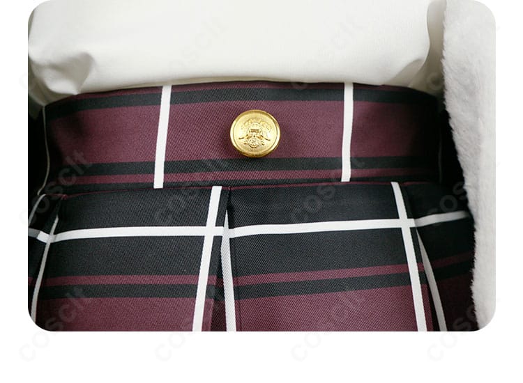 井芹仁菜 コスプレ衣装 スカート上部とボタン装飾の近接。ウエスト周りの縫製と質感を強調。