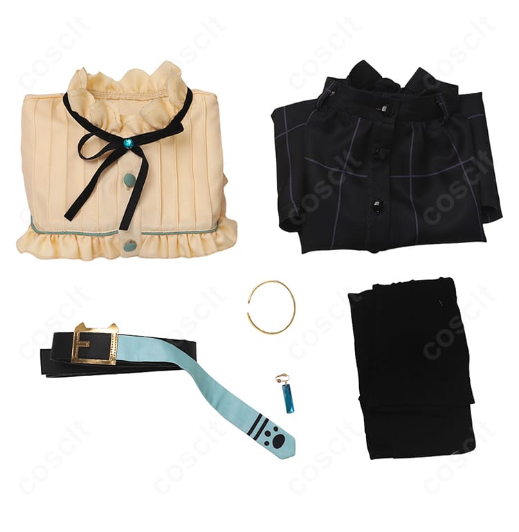 マンハッタンカフェ私服コスプレのセット内容一式。シャツ、スカート、ベルト、髪飾り、手首飾り、タイツを並べた画像