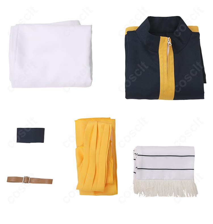 ナツ・ドラグニル コスプレ衣装のセット内容一覧。コート、ズボン、帯、マフラー、手首飾り、腕飾りの6点が並ぶ画像。