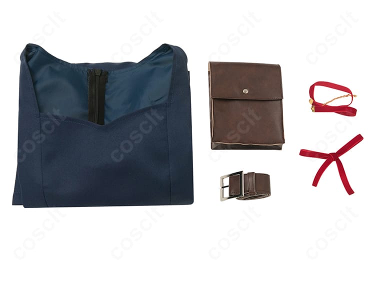 ダンジョン飯 マルシル 魔術学校時代コスプレのセット内容。ワンピース、チョーカー、髪飾り、ベルト、ポーチの5点が並ぶ確認用画像。